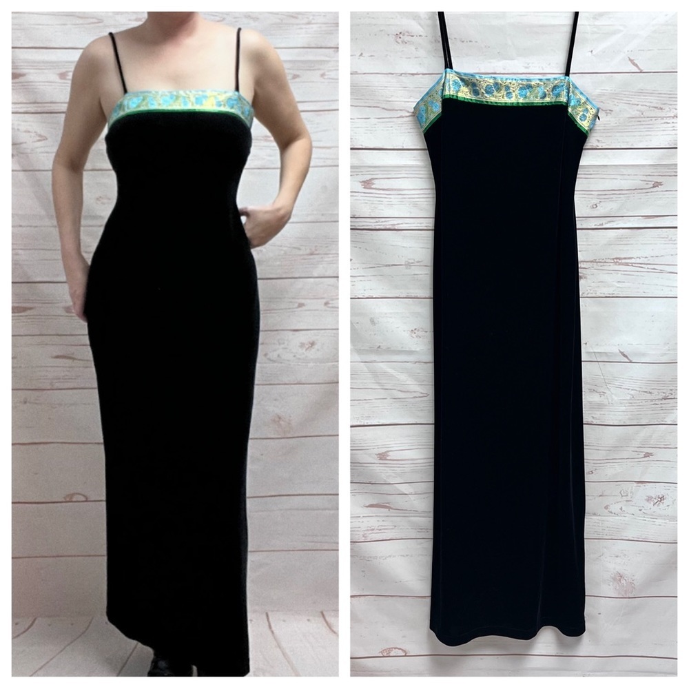 Vintage 90’s Y2K Esprit De Corp Velvet Embroidered Trim Square Neck Maxi Dress